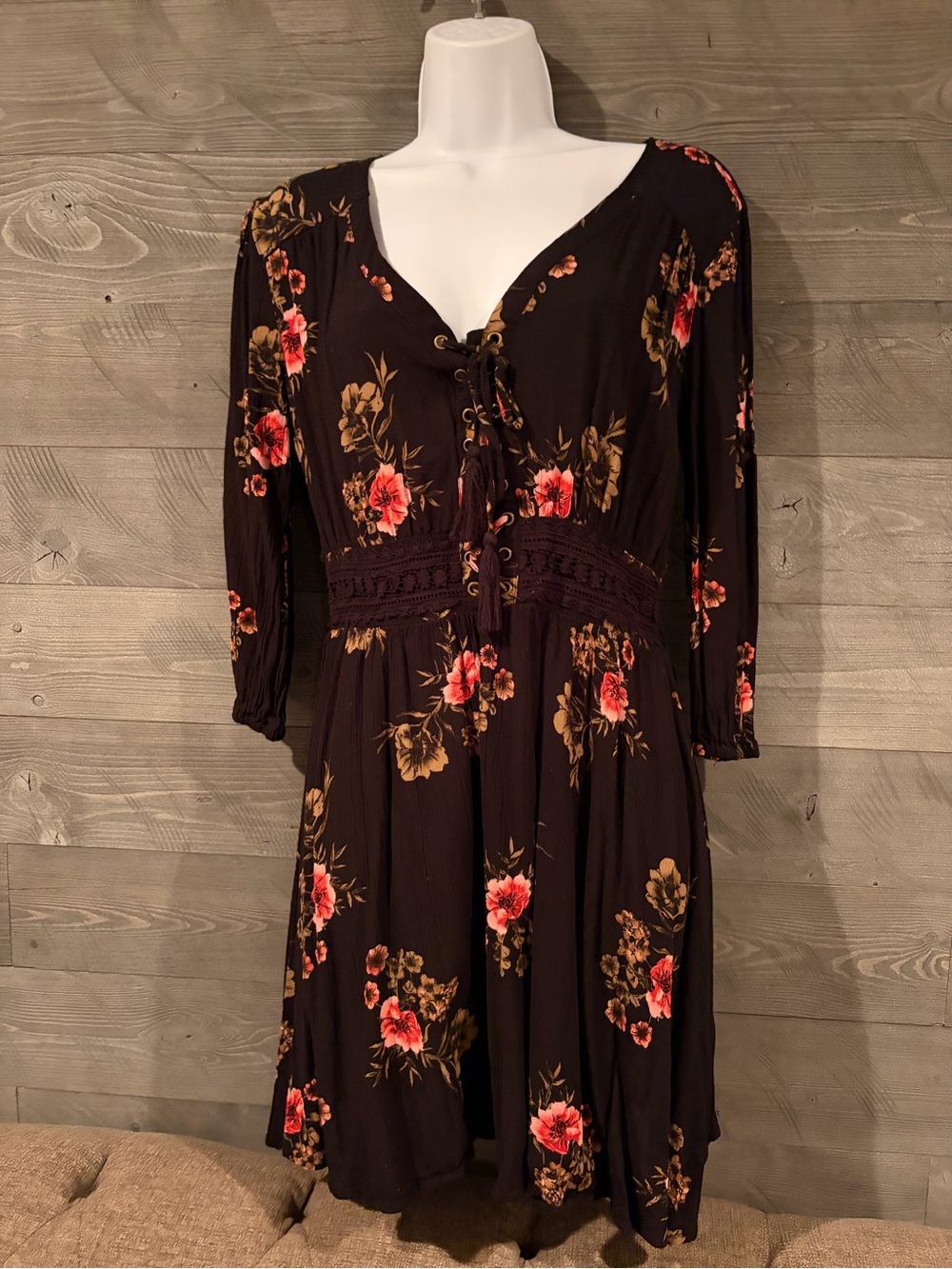 American Rag Black Floral Lace-Up Mini Dress with Pink Roses